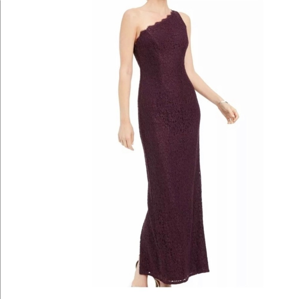 Adrianna Papell Purple Lace One Shoulder Gown